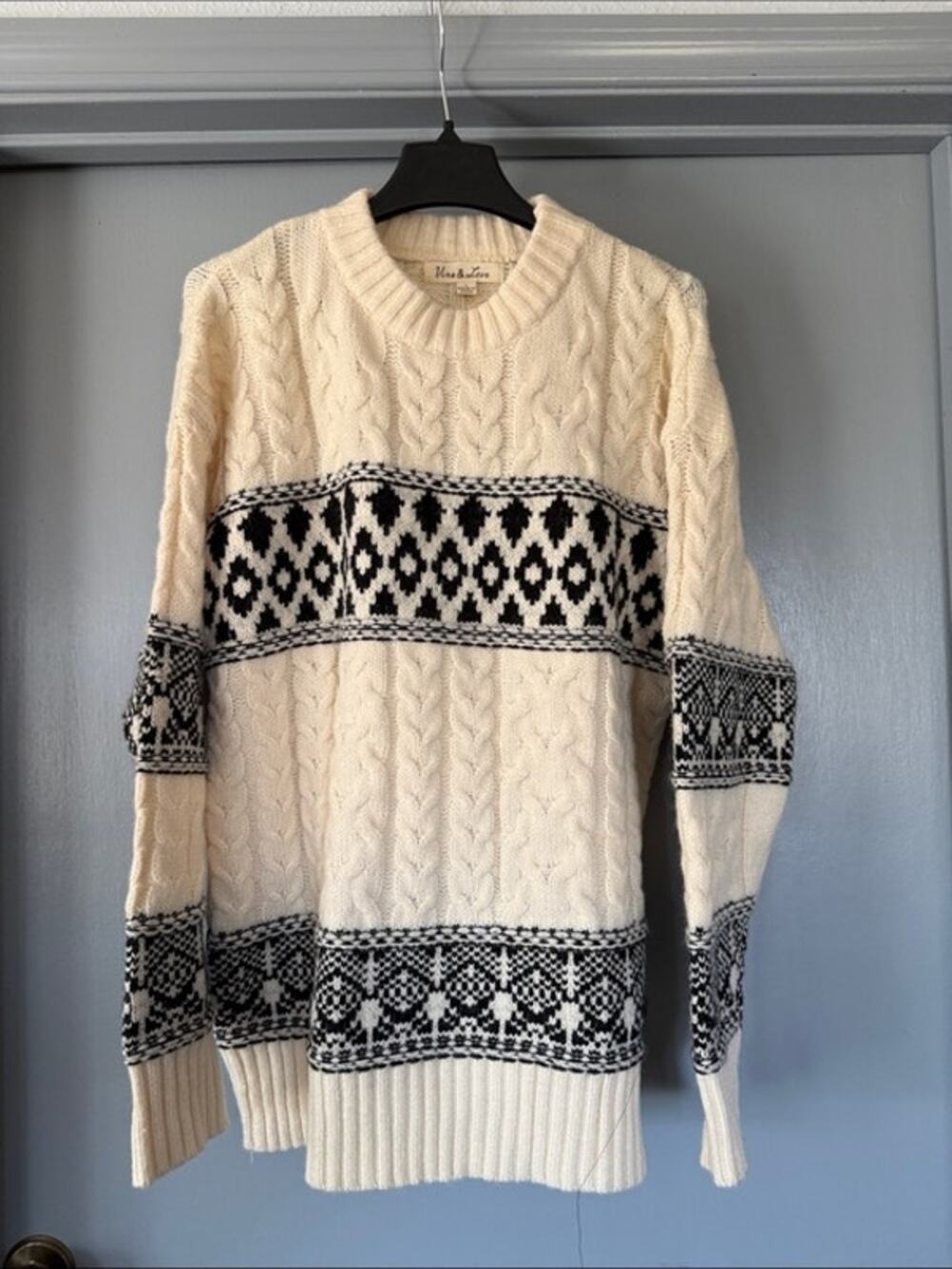 Vine & Love Women's Cream Black Nordic Sweater Cable Knit Crew Neck sz Large